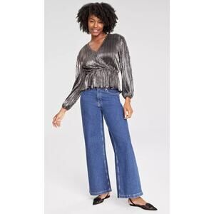 On 34th Women’s Plus Party Top – Size 1X – Black/Gunmetal Metallic Pleats
